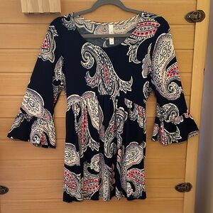 Paisley Ruffle-Sleeve Tunic Top - Navy with Pink & White